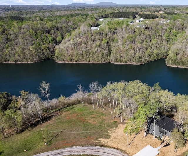 birds eye view of property featuring a water view and a forest view