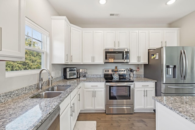 kitchen with appliances with stainless steel finishes, a sink, visible vents, and white cabinetry