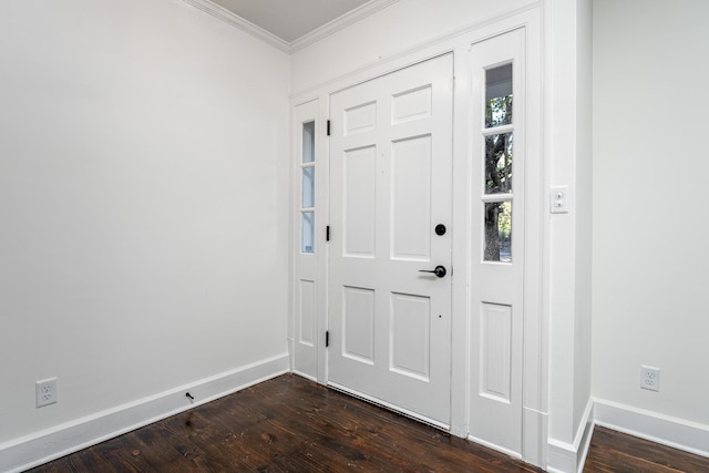 entryway with baseboards, dark wood finished floors, and crown molding