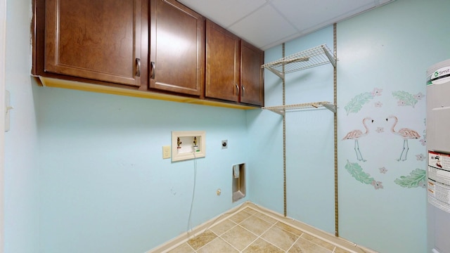 washroom featuring cabinet space, light tile patterned floors, hookup for an electric dryer, water heater, and washer hookup