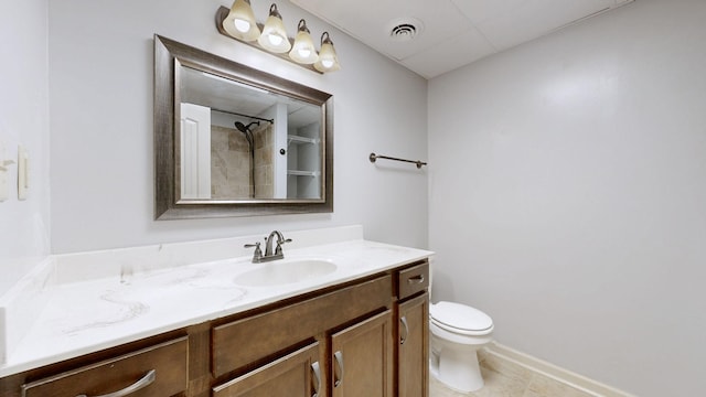 full bath with a shower, visible vents, toilet, vanity, and tile patterned floors