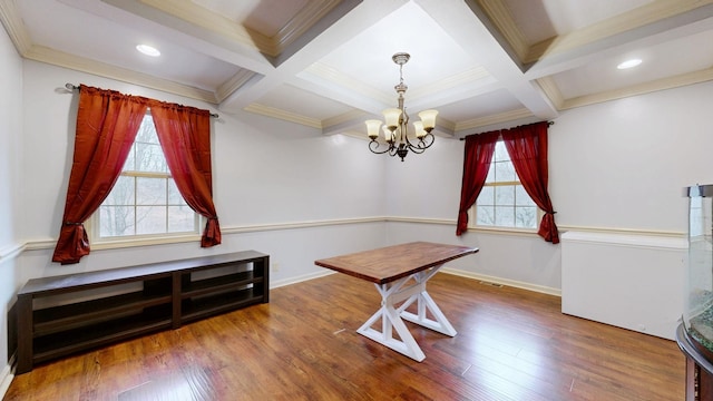 dining space with baseboards, coffered ceiling, wood finished floors, and beamed ceiling