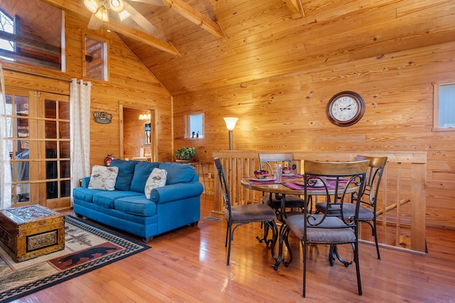 dining room with wooden ceiling, wood walls, and beam ceiling