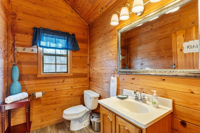 bathroom featuring lofted ceiling, wood finished floors, vanity, and toilet