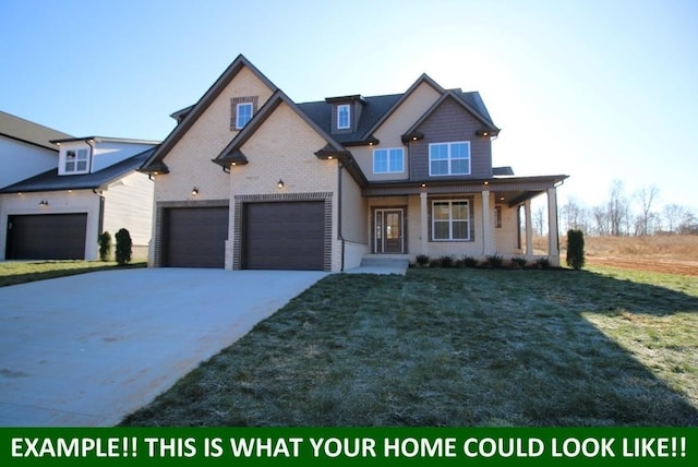 view of front of home featuring brick siding, concrete driveway, covered porch, an attached garage, and a front lawn