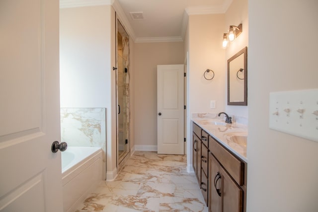 bathroom with a garden tub, marble finish floor, ornamental molding, a shower stall, and double vanity