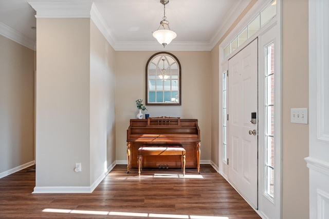 foyer entrance with crown molding, baseboards, and wood finished floors