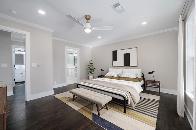 bedroom featuring dark wood-style flooring, visible vents, and crown molding