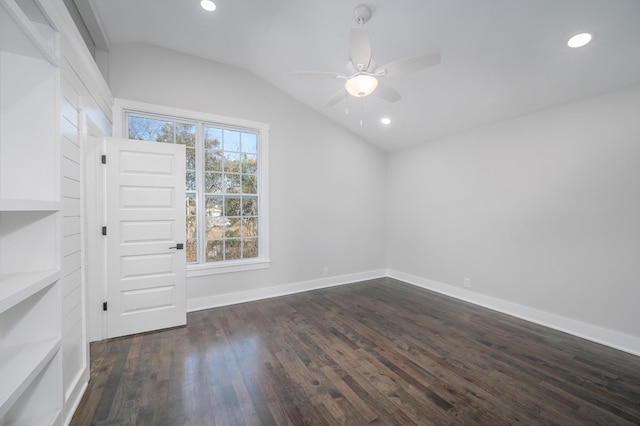 unfurnished room with ceiling fan, recessed lighting, dark wood-style flooring, baseboards, and vaulted ceiling