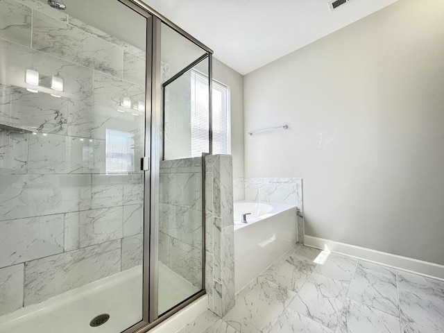 full bath featuring visible vents, baseboards, marble finish floor, a garden tub, and a shower stall