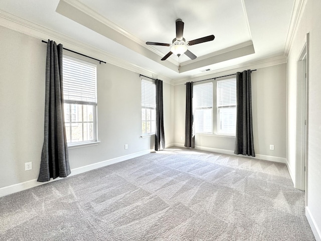 empty room featuring carpet floors, a tray ceiling, and crown molding