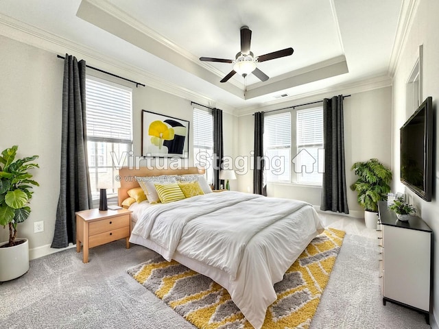 bedroom featuring carpet floors, multiple windows, and a raised ceiling