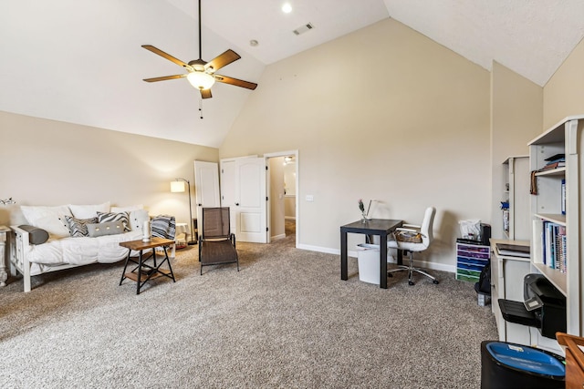 living area featuring visible vents, baseboards, ceiling fan, carpet, and high vaulted ceiling