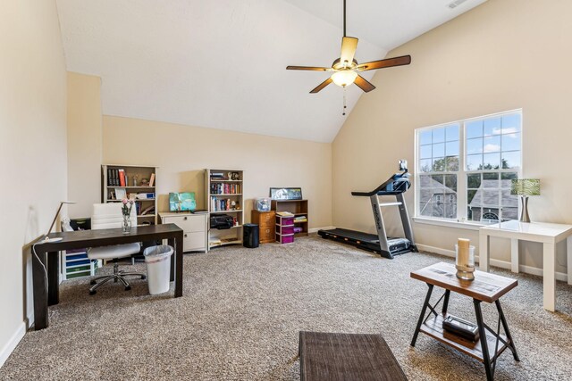 carpeted office featuring high vaulted ceiling, a ceiling fan, and baseboards