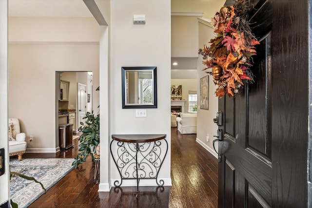 entrance foyer featuring a fireplace, baseboards, and dark wood-style flooring