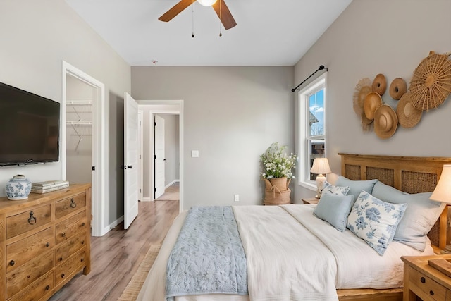 bedroom featuring a spacious closet, wood finished floors, a ceiling fan, and baseboards