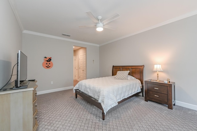 bedroom featuring light carpet, visible vents, crown molding, and baseboards