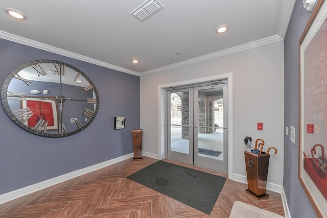 doorway to outside with recessed lighting, baseboards, visible vents, and ornamental molding