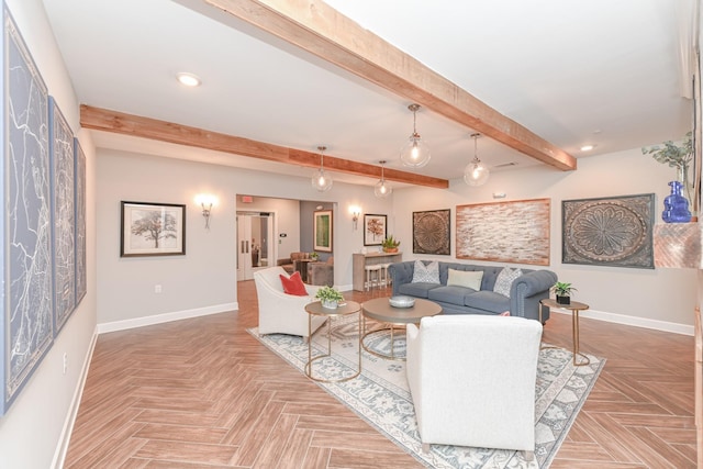 living room with beamed ceiling and baseboards