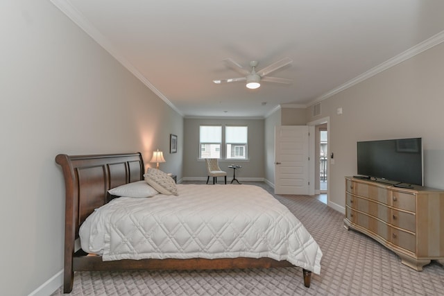 bedroom with crown molding, a ceiling fan, baseboards, and light carpet