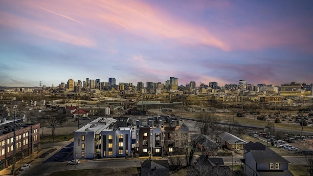 aerial view at dusk featuring a view of city