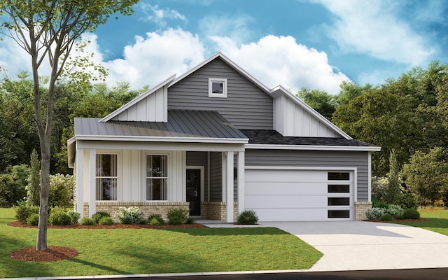 view of front of house featuring brick siding, a shingled roof, board and batten siding, driveway, and a front lawn