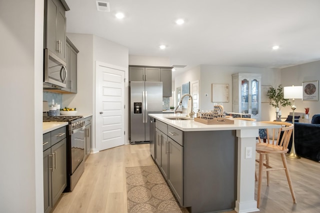 kitchen with visible vents, appliances with stainless steel finishes, gray cabinets, and a sink