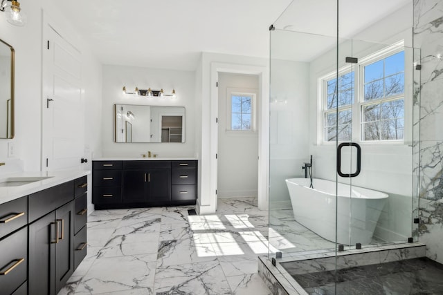 998 Iron Hill Rd, Burns, TN 37029 - bathroom with marble finish floor, two vanities, a sink, and a soaking tub