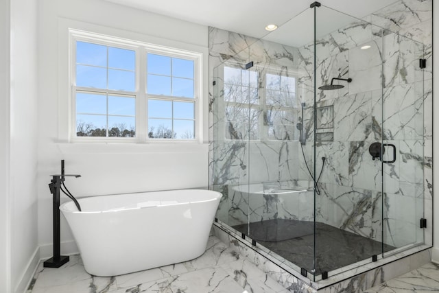 998 Iron Hill Rd, Burns, TN 37029 - full bath featuring a marble finish shower, baseboards, marble finish floor, a freestanding bath, and recessed lighting
