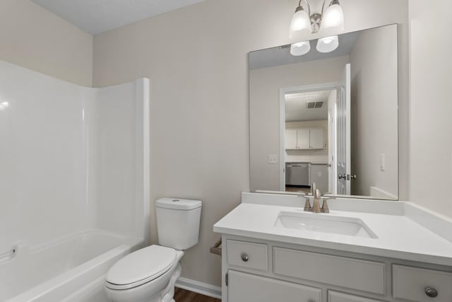 bathroom featuring toilet, tub / shower combination, vanity, and visible vents