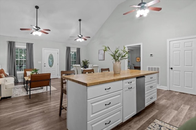 kitchen with dark wood-style flooring, butcher block counters, and open floor plan