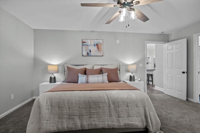 bedroom featuring carpet, a ceiling fan, and baseboards