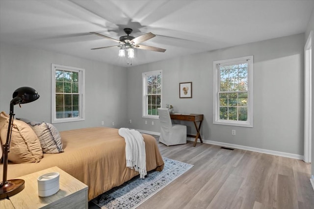 bedroom featuring multiple windows, visible vents, baseboards, and wood finished floors