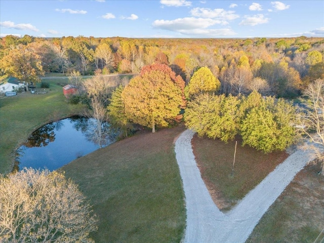 bird's eye view with a water view and a forest view