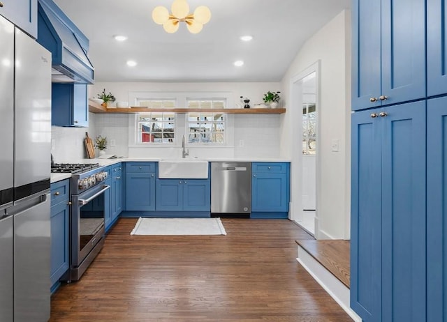 kitchen with blue cabinets, dark wood-type flooring, a sink, appliances with stainless steel finishes, and open shelves