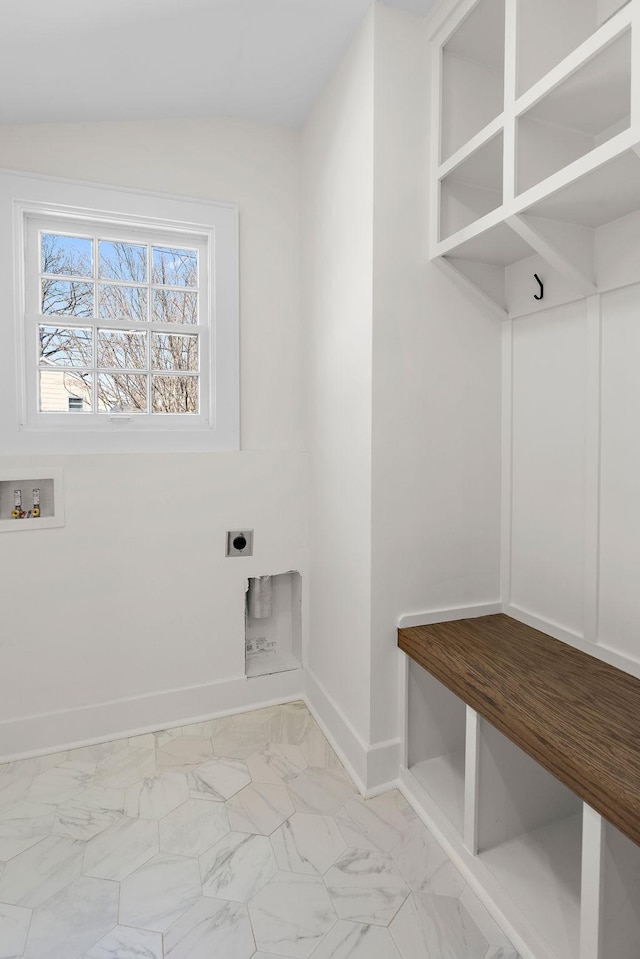 laundry room with marble finish floor, hookup for a washing machine, hookup for an electric dryer, laundry area, and baseboards