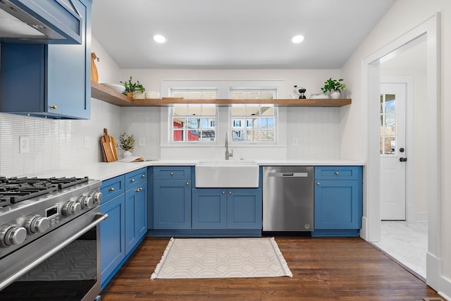 kitchen with blue cabinetry, appliances with stainless steel finishes, open shelves, and a sink