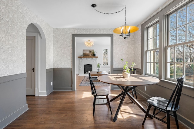 dining area with a fireplace, wainscoting, wood finished floors, and a wealth of natural light