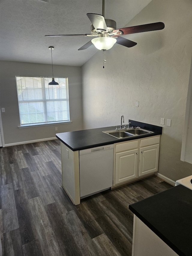 kitchen featuring dishwasher, dark countertops, a sink, and dark wood-style floors