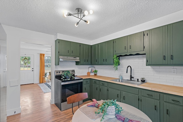 kitchen with stainless steel electric stove, tasteful backsplash, light wood-style flooring, a sink, and under cabinet range hood