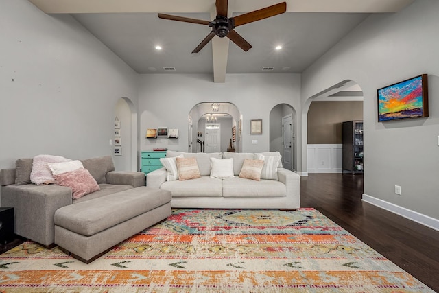 living room with arched walkways, recessed lighting, visible vents, a ceiling fan, and wood finished floors