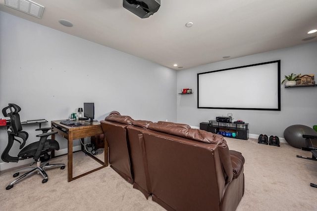 cinema featuring light carpet, recessed lighting, visible vents, and baseboards