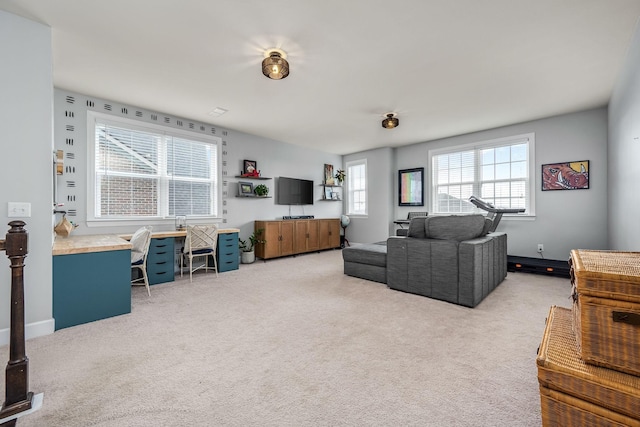 living room with light colored carpet