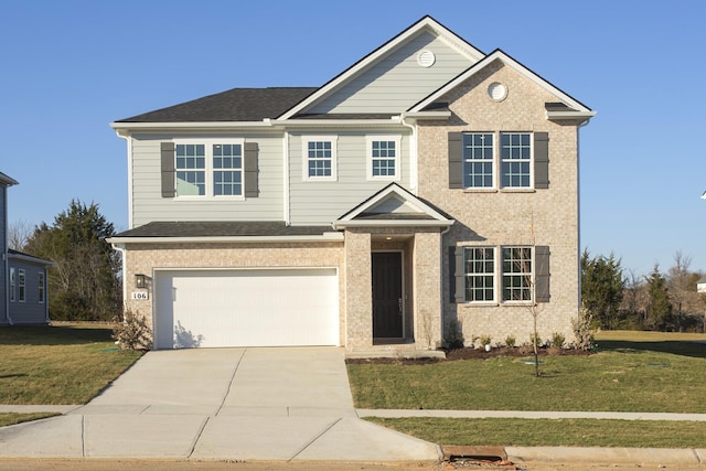 view of front facade with a garage, driveway, brick siding, and a front yard