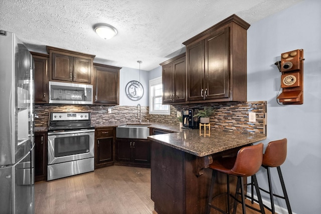 kitchen with dark brown cabinetry, wood finished floors, a sink, appliances with stainless steel finishes, and tasteful backsplash