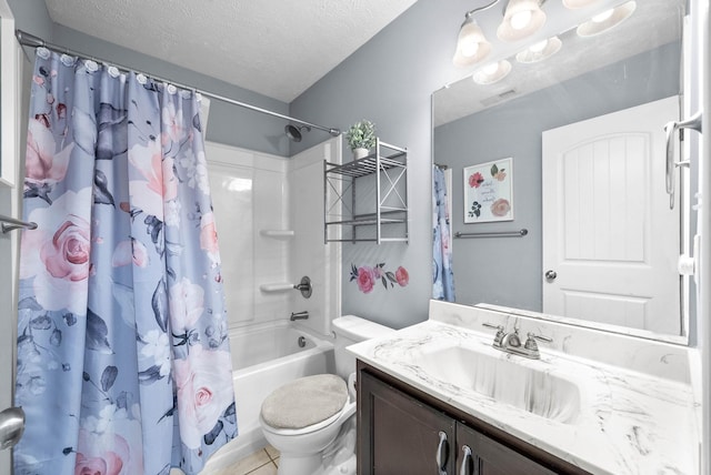 bathroom with visible vents, toilet, vanity, shower / bath combination with curtain, and a textured ceiling