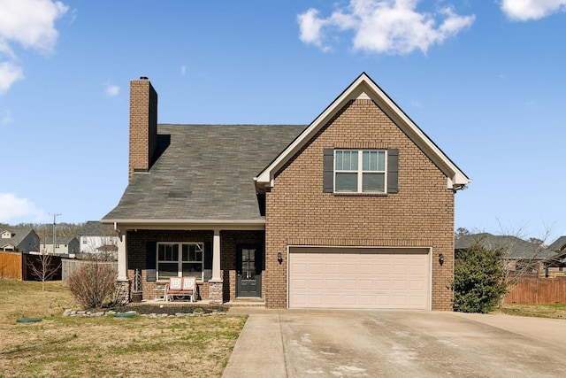 view of front of property featuring concrete driveway, brick siding, and a porch