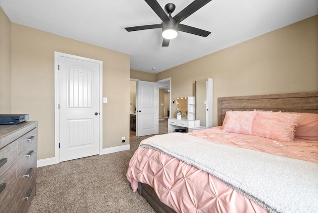 bedroom featuring carpet floors, baseboards, and a ceiling fan