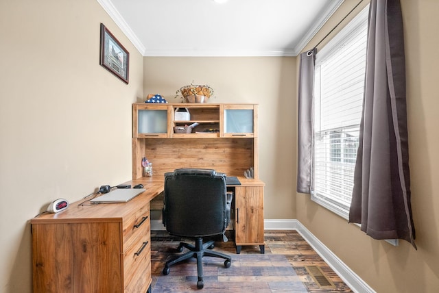 office featuring visible vents, baseboards, dark wood-style flooring, and crown molding