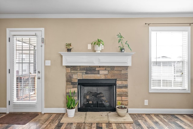 details featuring baseboards, ornamental molding, wood finished floors, and a stone fireplace